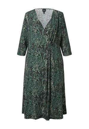 Grøn og sort mønstret omslagskjole med V-hals, 3/4-ærmer og en flydende silhuet. Lavet af blødt stof med en glat tekstur.