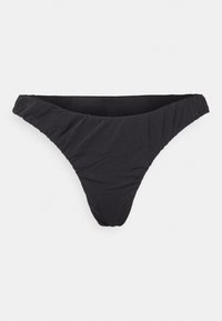 Parte de baixo de biquíni preta com detalhes franzidos, feita de tecido suave. Apresenta um corte de altura baixa e uma cintura elástica para conforto.