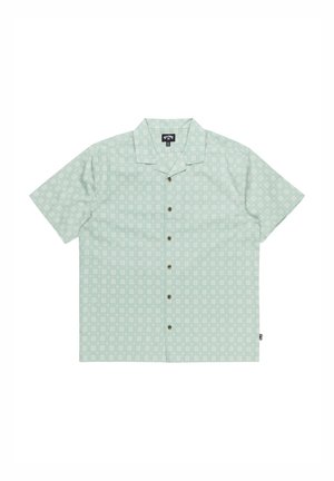 Korte mouwen, mintgroen shirt met een bloemmotief, knoopsluiting aan de voorkant en een omklapbare kraag. Gemaakt van lichtgewicht stof.