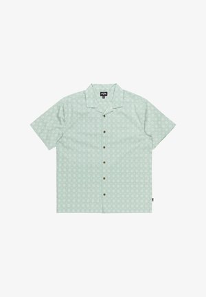 Short-sleeve, mint green shirt featuring a floral pattern, button-up front, and a fold-down collar. Made of lightweight fabric.