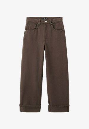 Hnedé riflové nohavice s vysokým pásom, širokými nohavicami, zatočenými lemami, prednými vreckami a zapínaním na gombík a zips.