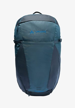 Rugzak in diep teal en marineblauw met een gestructureerd oppervlak, voorzien van het VAUDE-logo, ritssluiting, verstelbare banden en zijkantencompressiebanden.