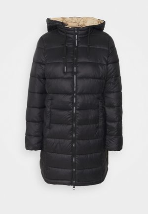 Gepolsterte schwarze Parka mit Kapuze, frontalem Reißverschluss und Kordelzügen. Verfügt über eine glatte äußere Textur und ein kontrastierendes beiges Innenfutter.