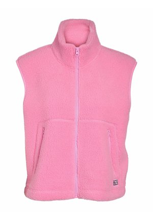 Ružičasti prsluk bez rukava od flisa s prednjim patentnim zatvaračem, dva džepa s patentnim zatvaračem i uspravnim ovratnikom, izrađen od mekog teksturiranog materijala.