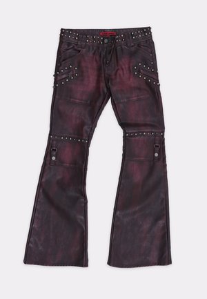 Vented flared pants in deep burgundy faux leather, featuring metallic stud accents along the waist and pockets, with side strap detail.
