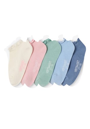 Five pairs of ankle socks with ruffled edges in cream, pink, green, light blue, and blue, arranged side by side on a white background.
