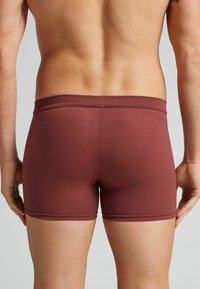 Bordowe bokserki z miękką fakturą i elastycznym pasem, charakteryzujące się prostym wzornictwem i brakiem widocznych wzorów czy elementów metalowych.