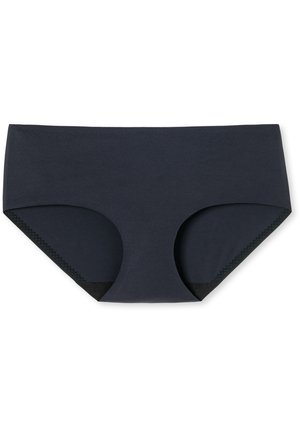 Donker marineblauwe hipster-stijl ondergoed gemaakt van een gladde stof, met een effen kleur en een contrasterende donkere kantafwerking langs de randen.