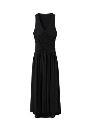 Robe midi noire sans manches avec un profond décolleté en V et un corsage froncé, jupe fluide et plissée, et un ourlet arrière légèrement plus long.