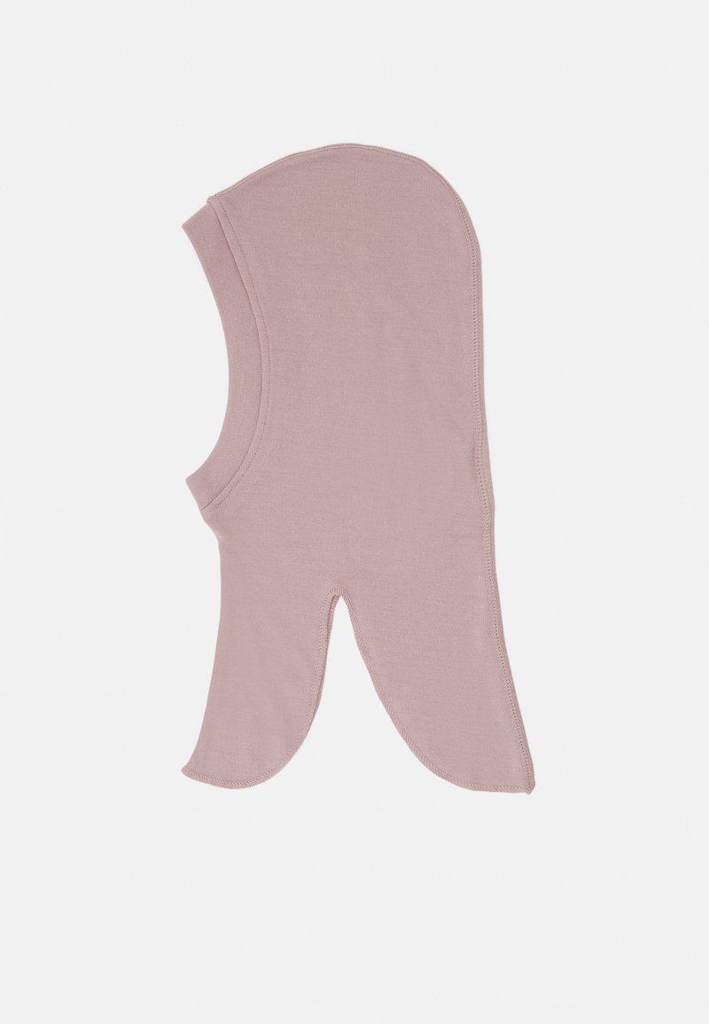Balaclava rosa chiaro realizzata in tessuto morbido ed elasticizzato. Presenta un design senza cuciture, con copertura estesa per il collo e due aperture per il viso.