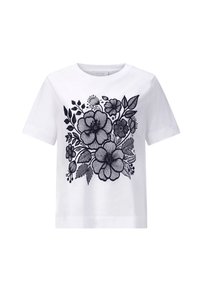 Witte katoen T-shirt met een groot zwart bloemontwerp met ingewikkelde lijndetails, inclusief verschillende bloemen en bladeren.
