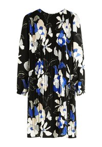 Schwarzes Kleid mit floralem Muster in Blau, Weiß und Beige, mit einem gefältelten Design und langen Ärmeln, rundem Ausschnitt und elastischen Bündchen.