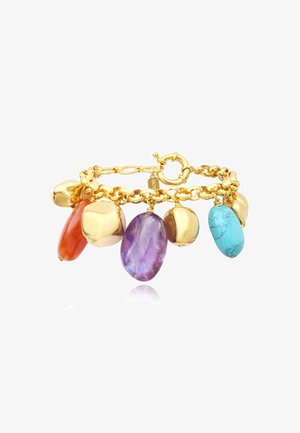 Bracelet en chaîne dorée avec des pierres semi-précieuses colorées : orange, violet, turquoise et crème. Formes lisses avec des finitions polies.