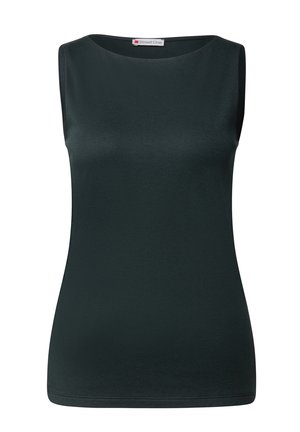 Ärmlös mörkgrön topp med rund halsringning och ett mjukt, elastiskt tyg. Lätt figursydd silhuett, inga synliga mönster eller detaljer.