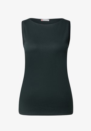 Mouwloze donkergroene top met een ronde hals en een gladde, rekbare stof. Licht getailleerd silhout, zonder zichtbare patronen of accenten.