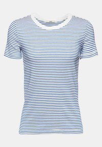 Biała koszulka z krótkim rękawem w cienkie poziome niebieskie paski i białą okrągłą szyją.