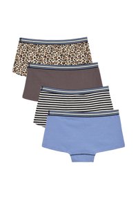Štiri para bokseric: en v leopardjem vzorcu, dva enobarvna v rjavi in modri barvi ter en črtast v črno-beli barvi. Vse z elastičnimi pasovi.