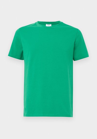 Green cotton t-shirt with short sleeves, crew neckline, and a smooth texture. Simple design without patterns or embellishments.