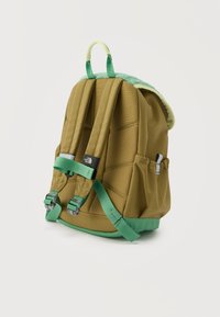 Καφέ και πράσινο σακίδιο με επενδυμένους ιμάντες, πλαϊνές τσέπες και λαβή στο πάνω μέρος με εσωτερική επένδυση από φλις, εμφανίζεται από πίσω σε λευκό φόντο.