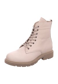 Beige lace-up ankle boot made from smooth leather with a round toe, textured rubber sole, and six eyelets for laces. No visible patterns.