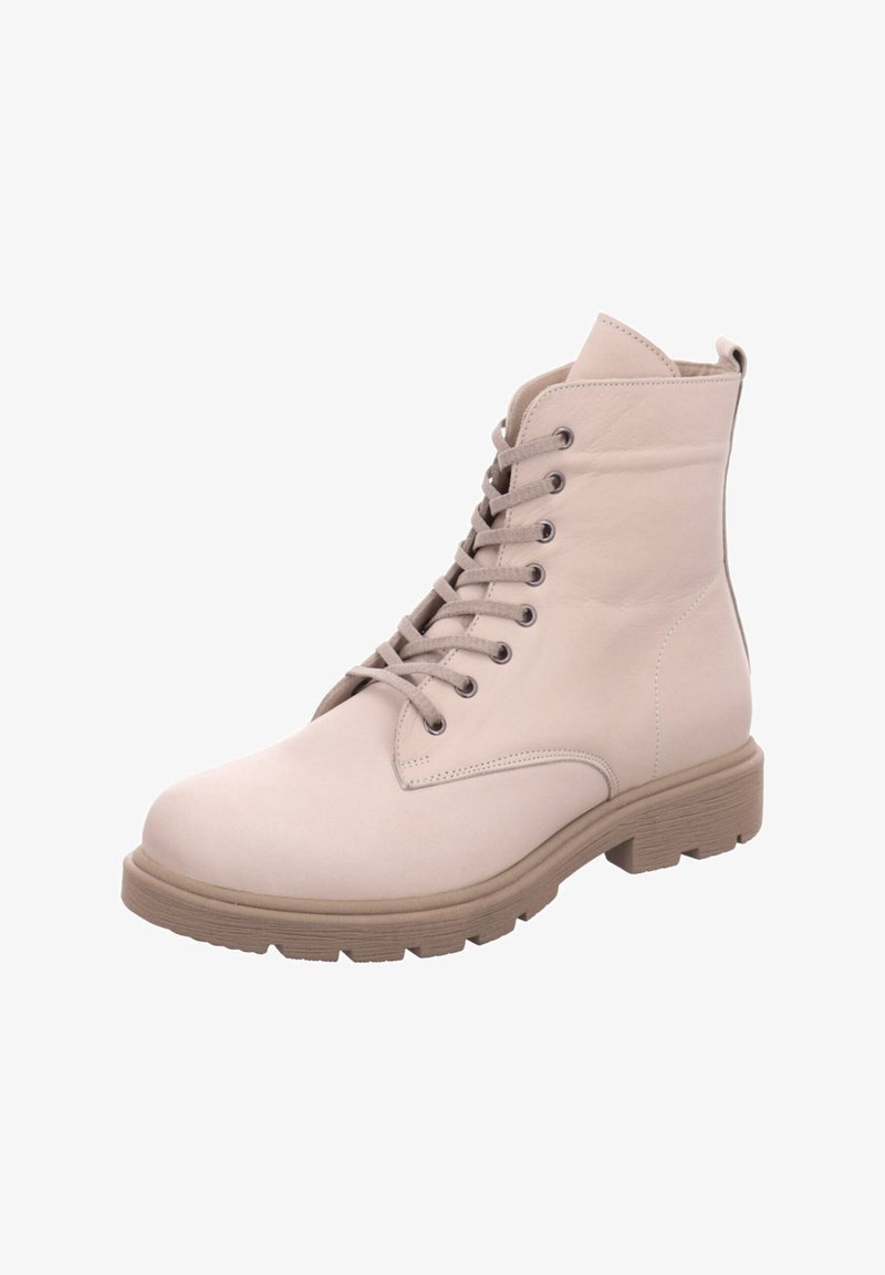 Beige lace-up ankle boot made from smooth leather with a round toe, textured rubber sole, and six eyelets for laces. No visible patterns.