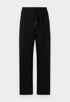 Black, lightweight trousers with an elastic waistband and drawstring, featuring two front pleats and straight-leg design. Smooth texture.