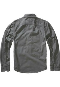 Camicia a maniche lunghe in tessuto grigio scuro. Presenta un colletto a punta, polsini con bottone e un orlo curvo. Tessuto liscio con un design semplice.