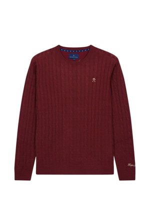 Bordeaux gebreide trui met een kabelbrei textuur, ronde halslijn en geribde manchetten. Heeft een klein geborduurd logo op de borst.