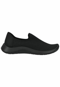 Schwarze Slipper aus einem strukturierten Mesh-Obermaterial mit gepolsterter Sohle und konturiertem Design für Komfort. Die Sohle hat ein segmentiertes Profil.