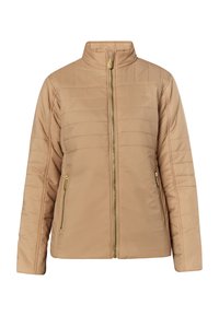 Beige gewatteerde jas met een opstaande kraag, voorzien van een ritssluiting aan de voorkant en twee zijzakken met gouden hardware.