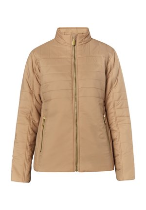 Beige gewatteerde jas met een opstaande kraag, voorzien van een ritssluiting aan de voorkant en twee zijzakken met gouden hardware.