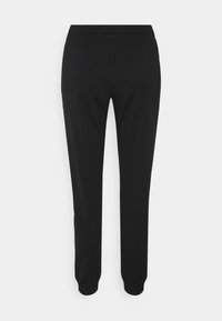 Pantalons de survêtement noirs avec une taille élastique et des jambes fuselées. Présente une poche arrière et une texture lisse, conçus pour le confort et la polyvalence.