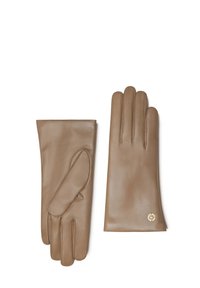 Braune Lederhandschuhe mit glatter Textur, die ein elegantes Design und ein kleines Logo-Detail im Handgelenkbereich aufweisen.