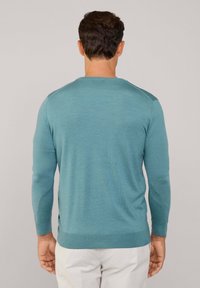 Long-sleeve sweater in teal knit fabric, featuring a round neckline and ribbed cuffs. Smooth texture with a fitted design, back view shown.