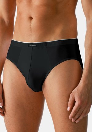 Schwarze Herren-Unterhosen aus glattem Material, mit elastischem Bund und einem Logo auf der Vorderseite. Sie haben einen klassischen Schnitt und eine enge Passform.