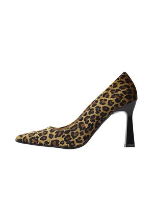 Escarpin pour femmes à talon haut avec bout pointu, dessus en tissu imprimé léopard et talon stiletto noir brillant.