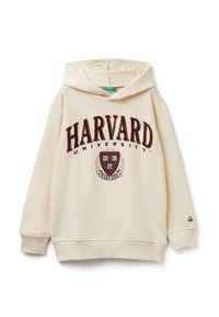 Krémová mikina s kapucí a velkým vínovým nápisem "HARVARD", univerzitním logem, přední klokaní kapsou a žebrovanými manžetami a lemem.