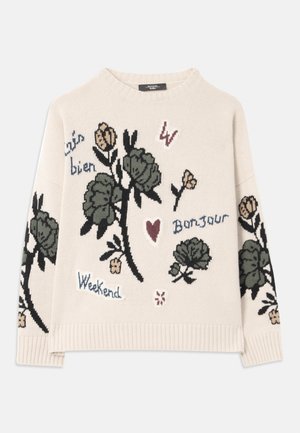 Pull en maille beige avec broderie florale en vert, rose et bleu. Comprend des éléments de texte "Bonjour", "Weekend" et des motifs de cœur.