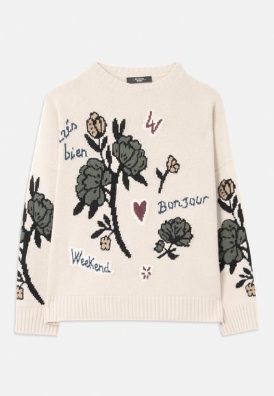 Beige gebreide trui met bloemgeborduurde motieven in groen, roze en blauw. Inclusief tekstelementen "Bonjour," "Weekend," en hartmotieven.