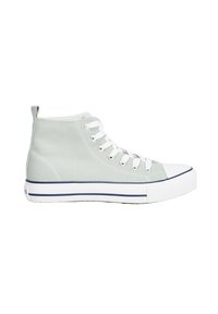 Light green canvas high-top sneakers with white laces and rubber toe cap. Features white sole with navy blue accents along the bottom.