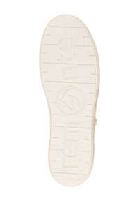 Semelle de chaussure en caoutchouc blanc avec une surface texturée, comportant un logo et des rainures parallèles pour une traction optimale. Accentuée par de légers détails autour des bords.