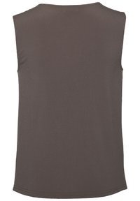 Brown sleeveless top, made of smooth, stretchy fabric with a round neckline, featuring a simple, clean design and stitch detailing along the hem.
