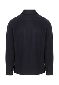 Donker marineblauw langemouwen overhemdjack met een kraag, knoopmanchetten en een rechte achteraanzicht.