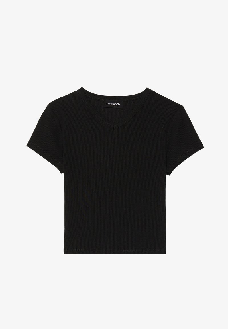 T-shirt noir à manches courtes et col en V, fabriqué en tissu côtelé, avec un design ajusté et une silhouette épurée et simple pour un usage polyvalent.