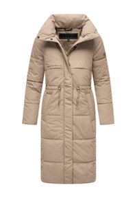 Beige puffer coat with a high collar, zip closure, drawstring waist, and patch pockets; features stitched panels for texture.
