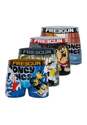 Quatre paires de boxers colorés mettant en vedette les personnages des Looney Tunes : Bugs Bunny, Daffy Duck, Tweety et Taz, avec des ceintures élastiques à marque.