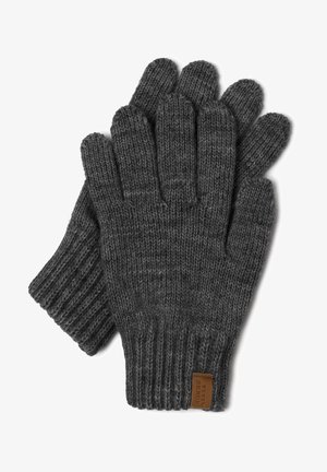 Guanti grigi lavorati a maglia con polsini a coste, dotati di cinque scomparti per le dita e un'etichetta in pelle all'altezza del polso. Texture morbida.