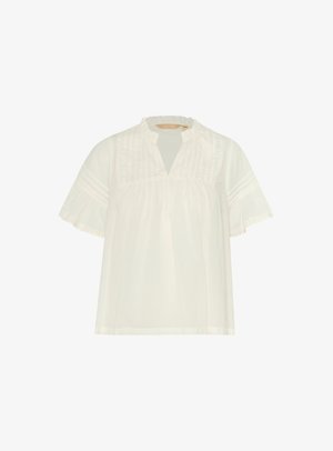 Witte blouse met korte mouwen, een ronde halslijn, plooidetails aan de voorkant en kantafwerking langs de mouwen. Gemaakt van lichtgewicht stof.