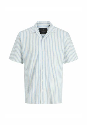 Rövid ujjú, gombos ing, világoskék függőleges csíkokkal, fehér alapon és tábori gallérral.