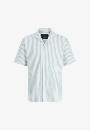 Short-sleeve button-up shirt with light blue vertical stripes on a white background and a camp collar.